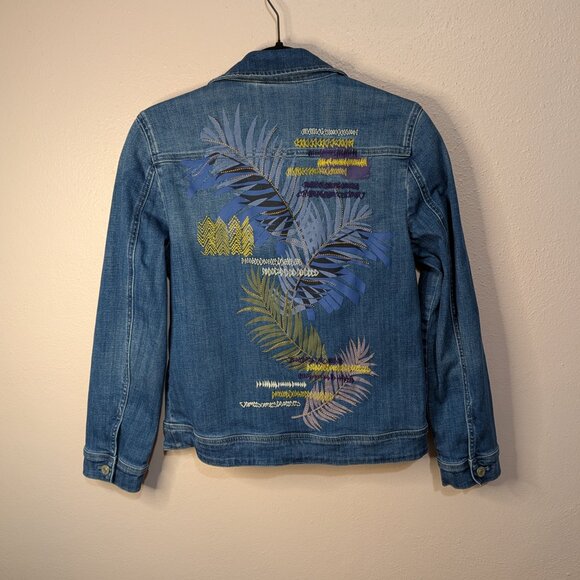 Chico's Tropical Embroidered Denim Jacket Small Blue Floral Boho Jean Coat - Picture 7 of 13